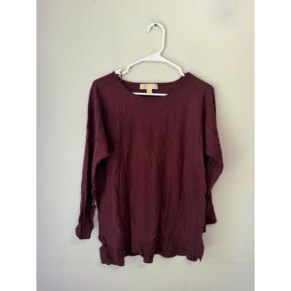 Michael Kors Womens Burgundy Long Sleeve Knit Sweater Gold Logo Plate Size L